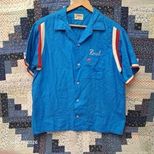 True Vintage 1960s 60s Hilton Single Needle Bowling Shirt Size Large Blue